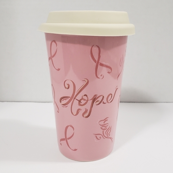 Longaberger Travel Cup Horizon of Hope Pink Ceramic Coffee Tea Mug with Lid - Picture 4 of 8